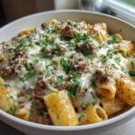 Cheesy Beef and Italian Sausage Rigatoni in Garlic Butter Sauce