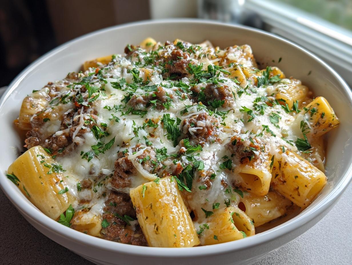 Cheesy Beef and Italian Sausage Rigatoni in Garlic Butter Sauce
