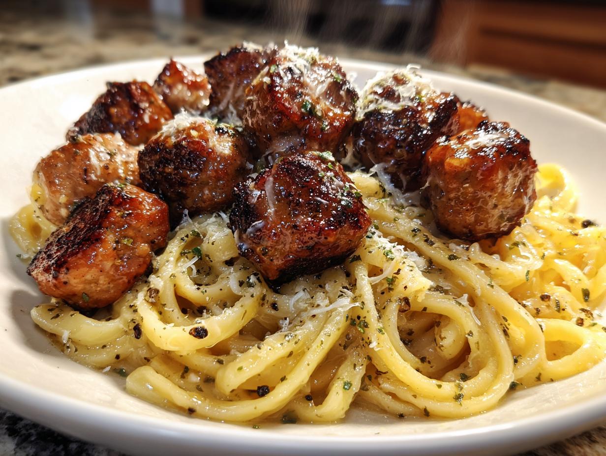 Garlic Butter Sausage Bites with Creamy Parmesan Pasta