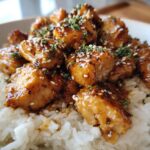 HONEY GARLIC CHICKEN BITES OVER CREAMY RICE